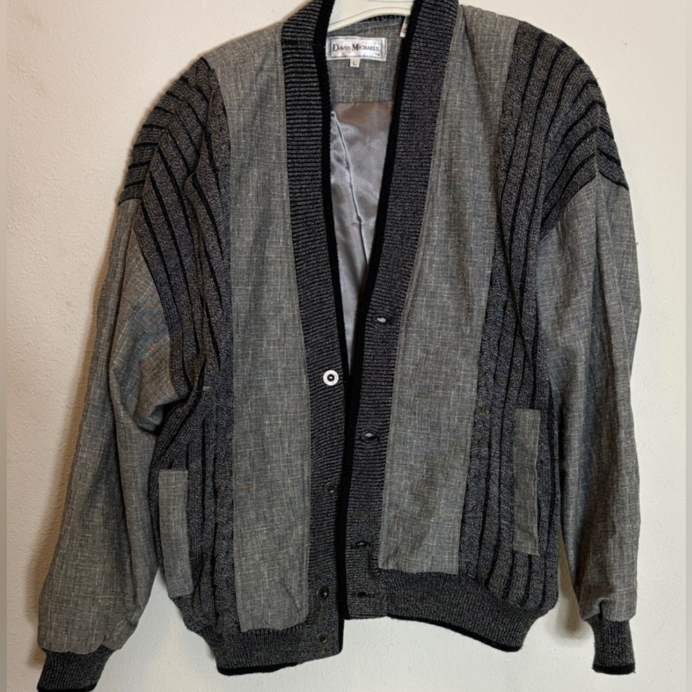 Vintage David Michaels Knit Bomber Jacket, Gray Black, L